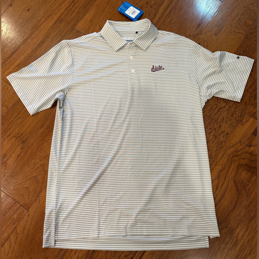 Mississippi State Columbia White and Gray Striped Polo Shirt